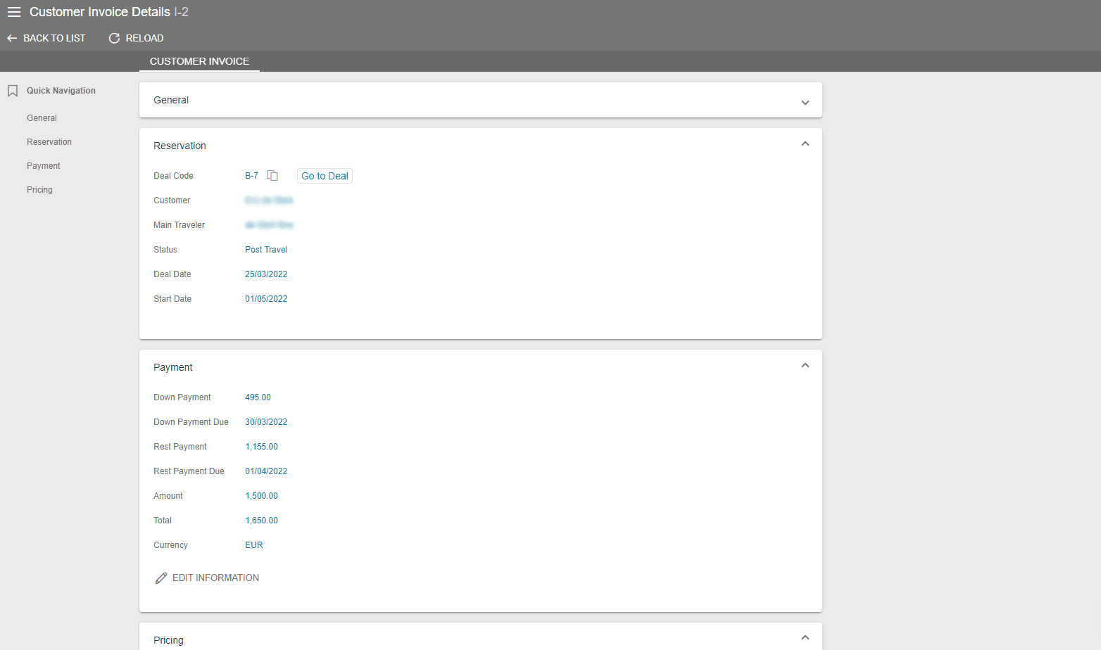 Invoice paperwork for a customer with general, reservation, pricing, and payment details