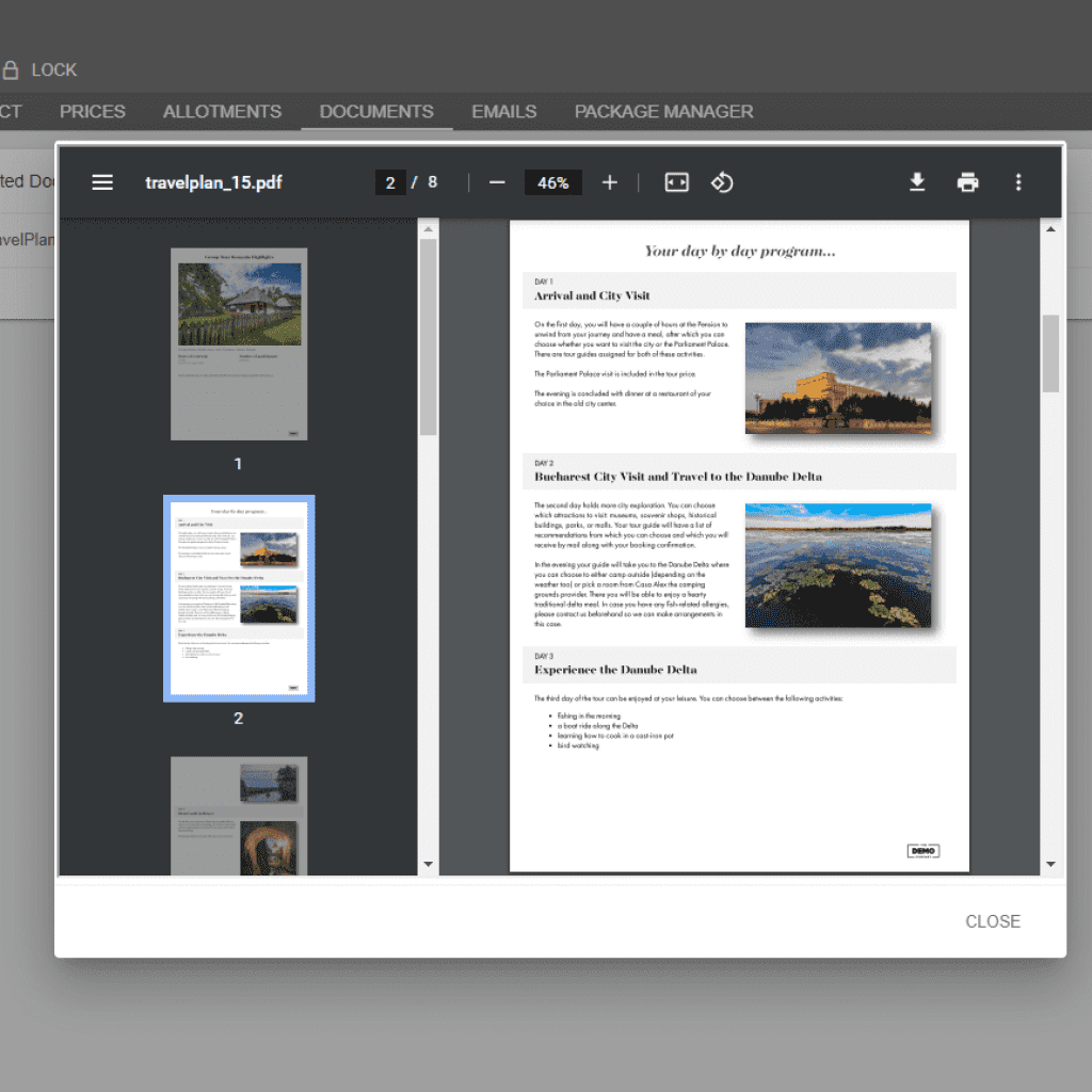 Travel Plan Document with Format visible for each day
