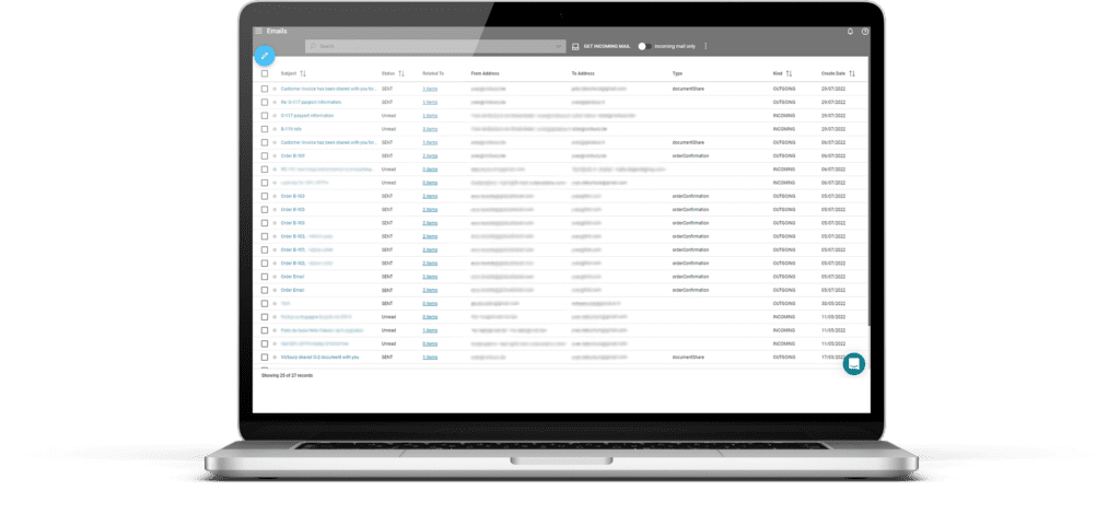 A laptop having a travel software with incoming and outgoing emails.