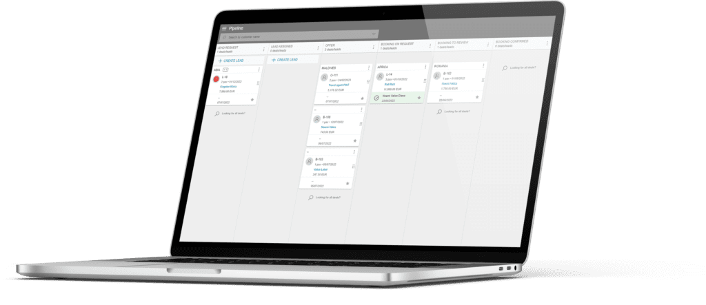 A laptop with a travel management software opened on the pipeline view of deals