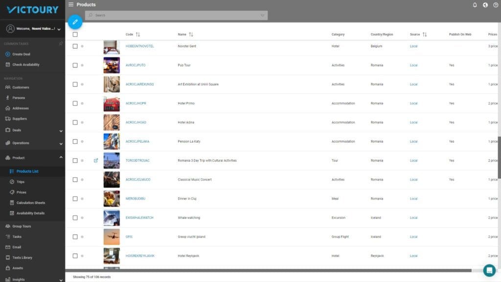 Ein Screenshot der Reisesoftware in der Produktliste mit der Option zum Ändern der Sprache in der oberen rechten Ecke
