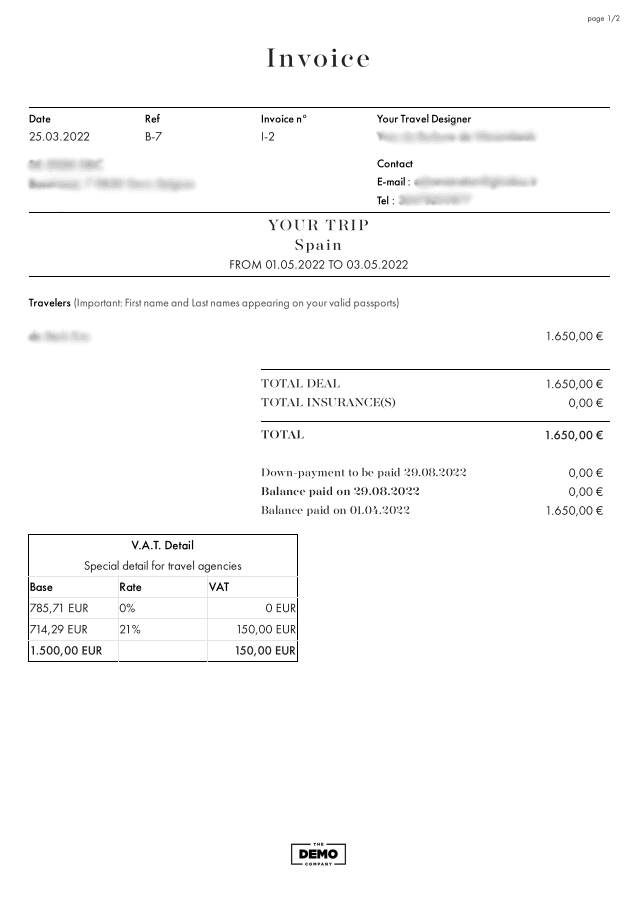 Invoice example for a trip to Spain