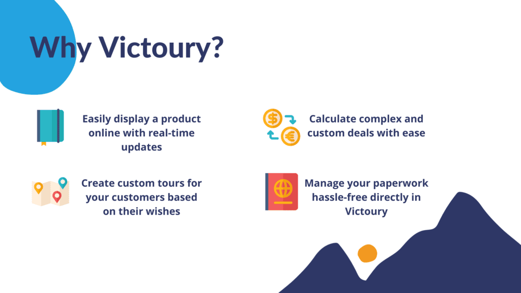 An image with four reasons why Victoury is helpful: easily display products online, calculate complex deals, create custom tours, and manage your paperwork hassle-free
