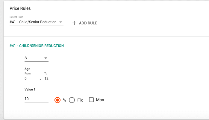 A screenshot showing the settings for the price rule 41 child/senior reduction