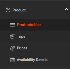 A screenshot showing the product menu and the product list