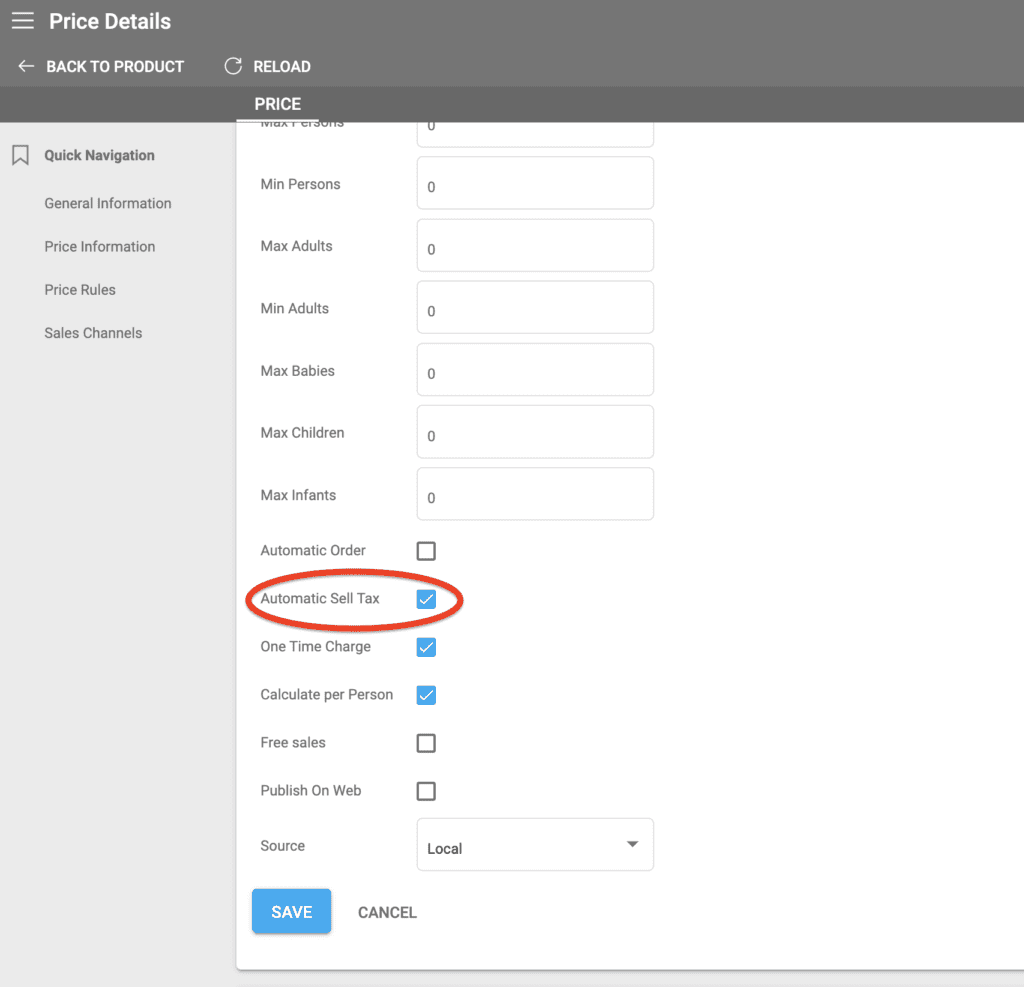 A screenshot showing the automatic sell tax checkbox in a product