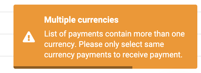 A screenshot showing the error message when using multiple currencies