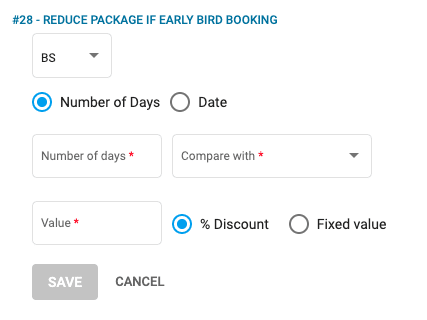 A screenshot showing the settings for the price rule 28 reduce package price if early bird booking
