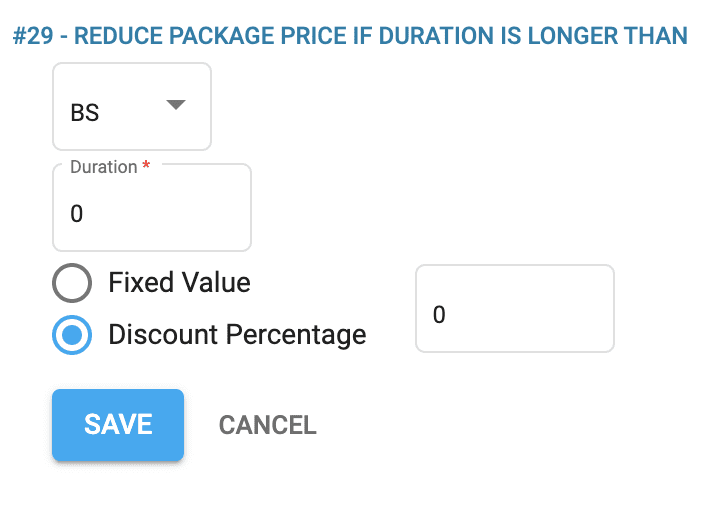 A screenshot showing the settings for the price rule 29 reduce package price if duration is longer than