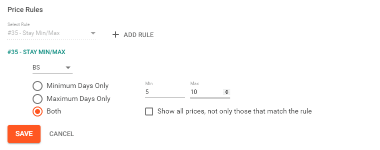 A screenshot showing the settings for the price rule 35 stay min max