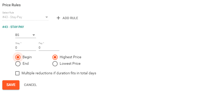 A screenshot showing the settings for the price rule 43 stay-pay