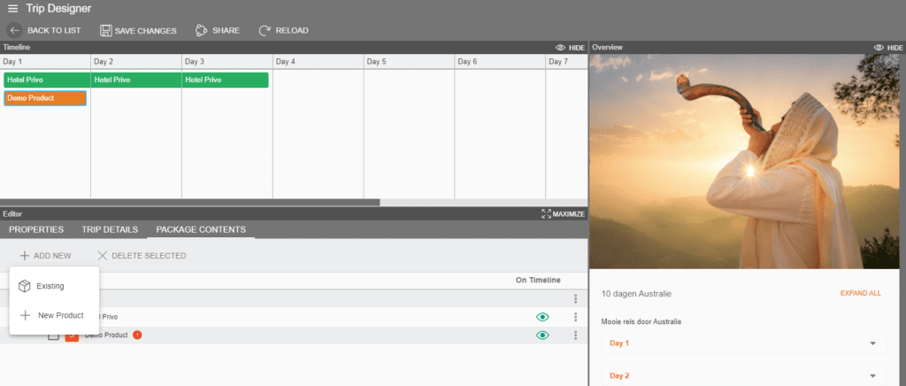 A screenshot showing how to add a product to the trip designer