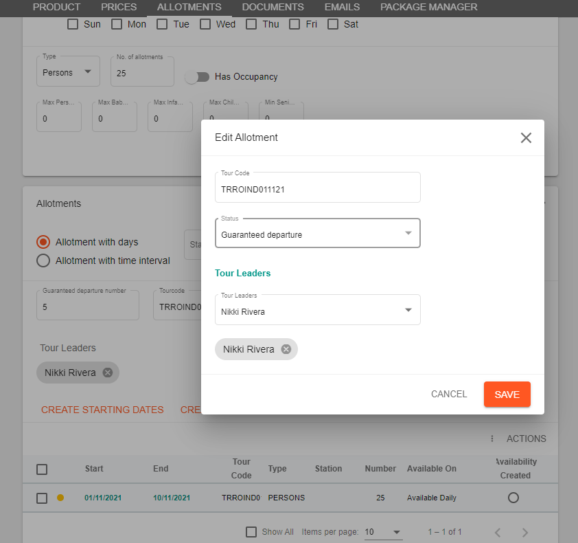 A screenshot showing the guaranteed departure date feature of allotments