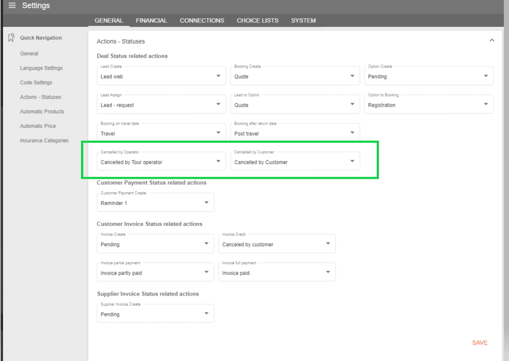 A screenshot showing the settings for cancelation reasons