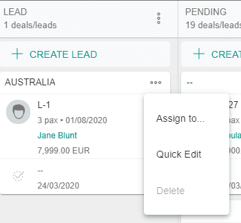 A screenshot showing the menu for a pipeline card to edit the lead