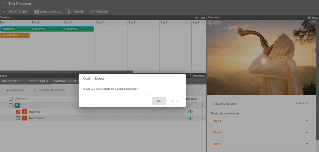 A screenshot showing the deletion of a product in the trip designer