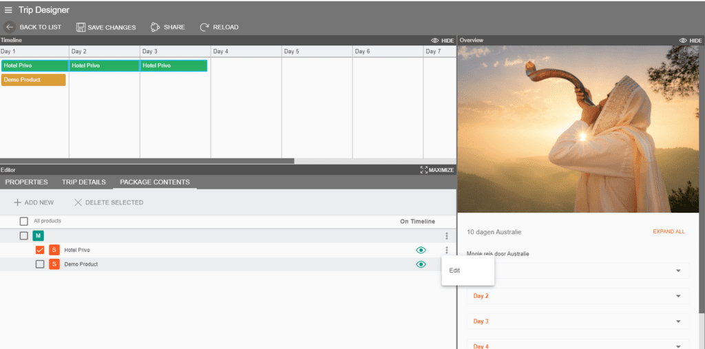 A screenshot showing the edit button for a product in the trip designer
