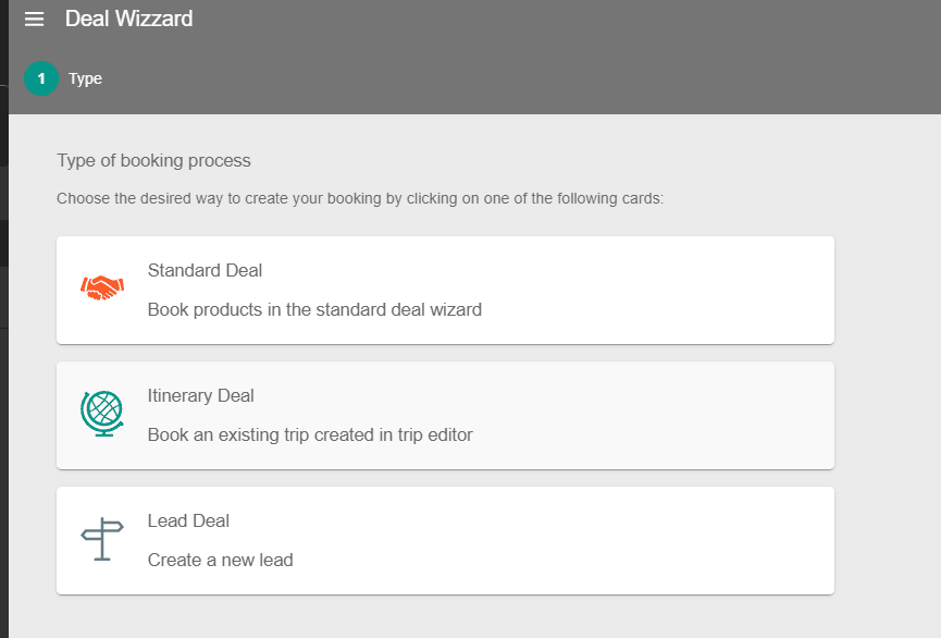 A screenshot showing the three deal types in the deal wizzard
