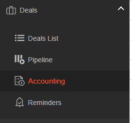 A screenshot showing the accounting tab under the deals menu