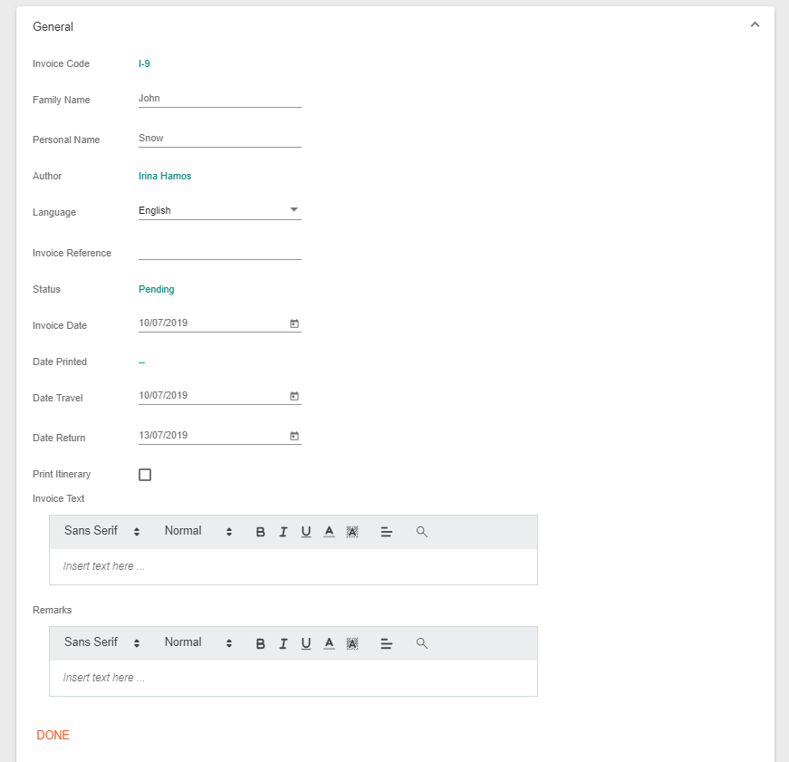 A screenshot showing the general settings for a customer invoice