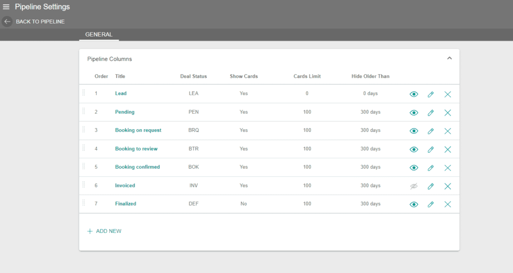 A screenshot showing the pipeline settings and the column list