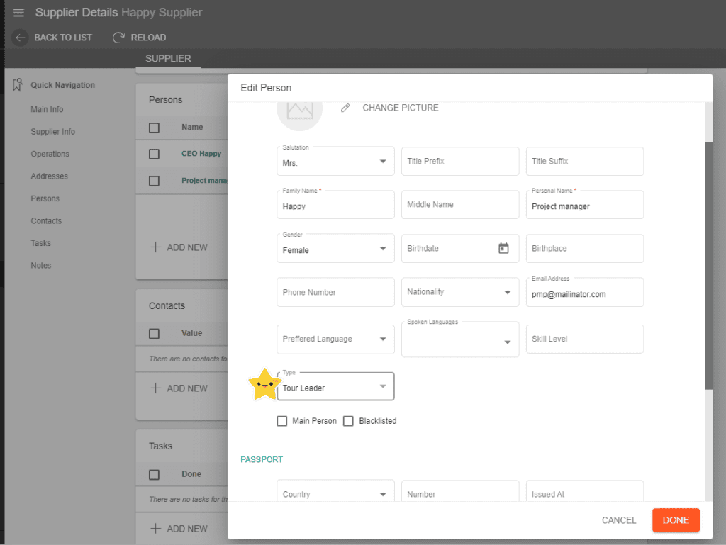 A screenshot showing a tour leader in the supplier tab