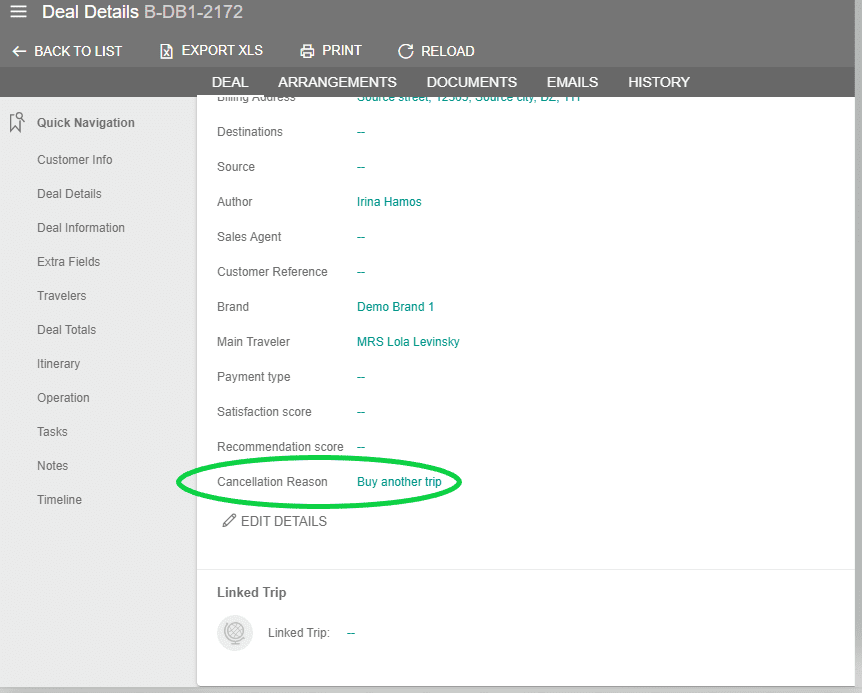 A screenshot showing where you can find the cancelation reason under the deal in the general info