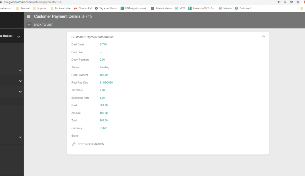 A screenshot showing the customer payment details