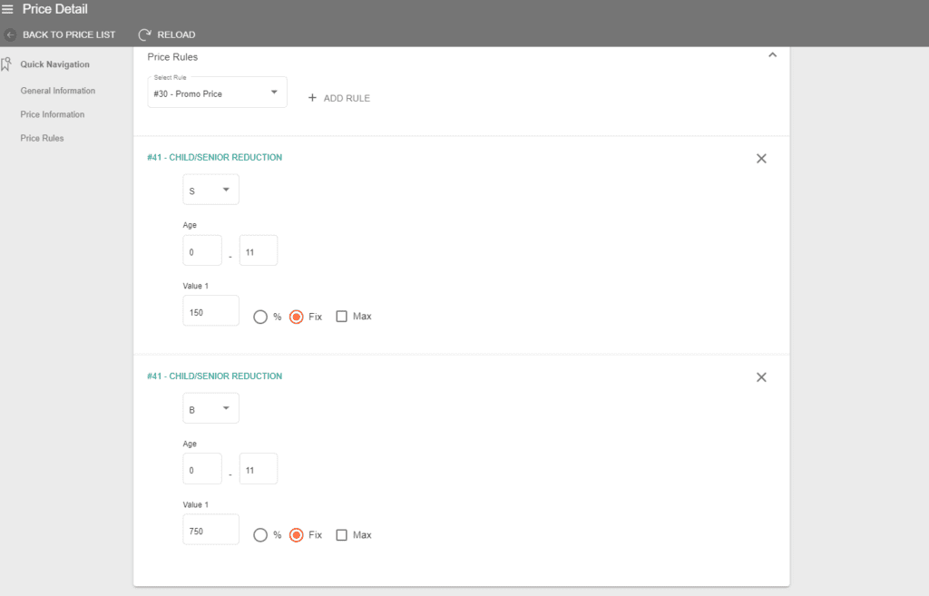 A screenshot showing the settings for the price rule in the price details