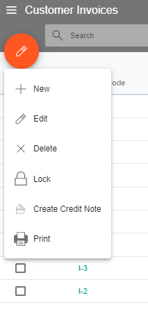 Screenshot showing the option menu for customer invoices in Victoury