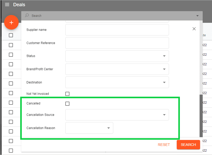 A screenshot showing the search filters for canceled deals in the deal list