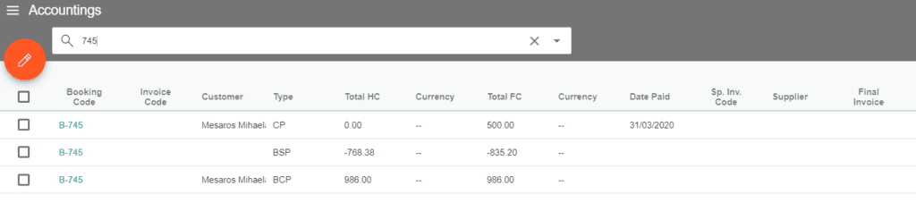 A screenshot showing several payment entries in the accounting tab