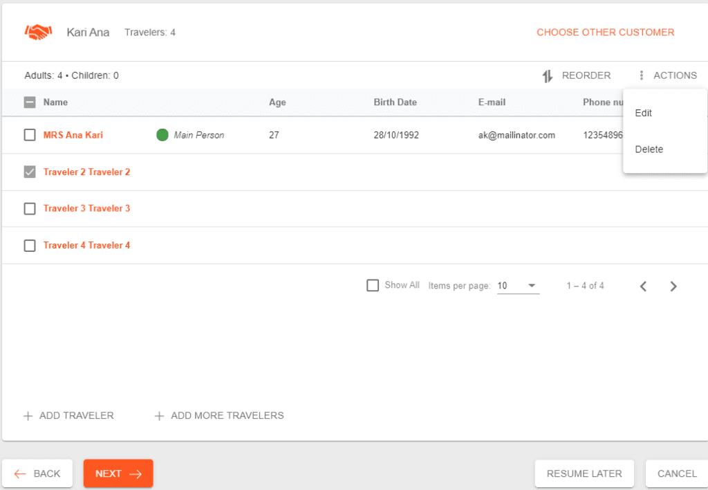 A screenshot showing the customer selection step in Victoury and how to select only one person