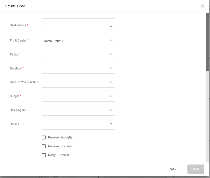 A screenshot showing the new lead window with several input fields