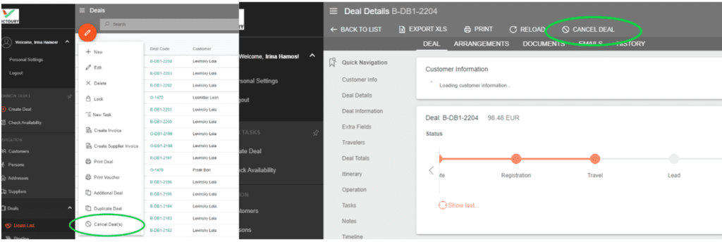 A screenshot showing the cancel deal button in the deal list and in a deal