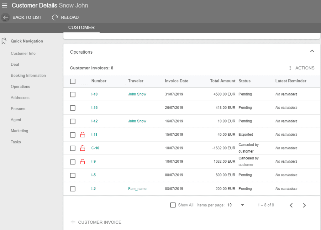 Screenshot showing the invoices for a customer