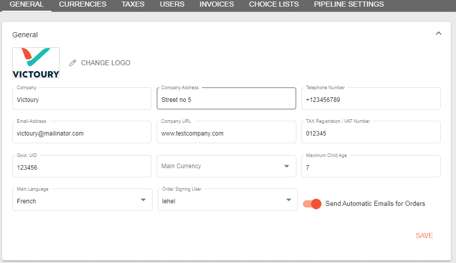 A screenshot showing the company settings in your account settings and the automatic order email setting
