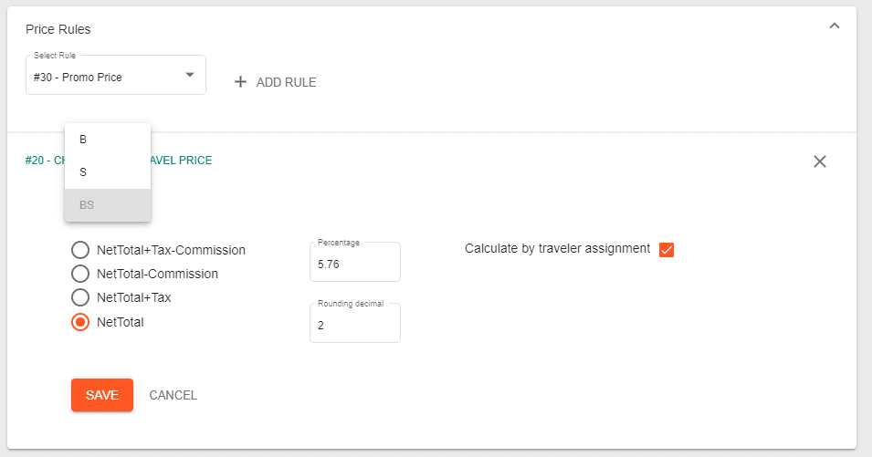 A screenshot showing the settings for the price rule 20 charge percentage of travel price