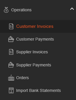 A screenshot showing all invoice options in Victoury
