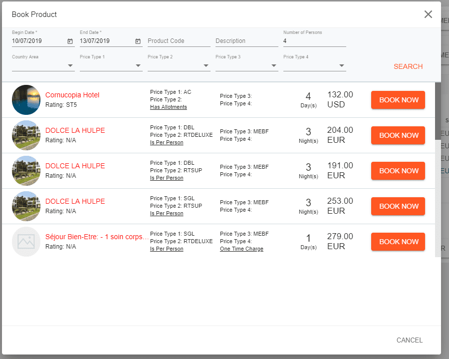 A screenshot showing the product booking window in Victoury