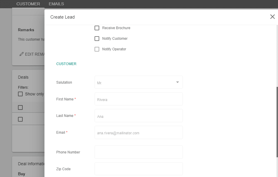 A screenshot showing the new lead window for a customer