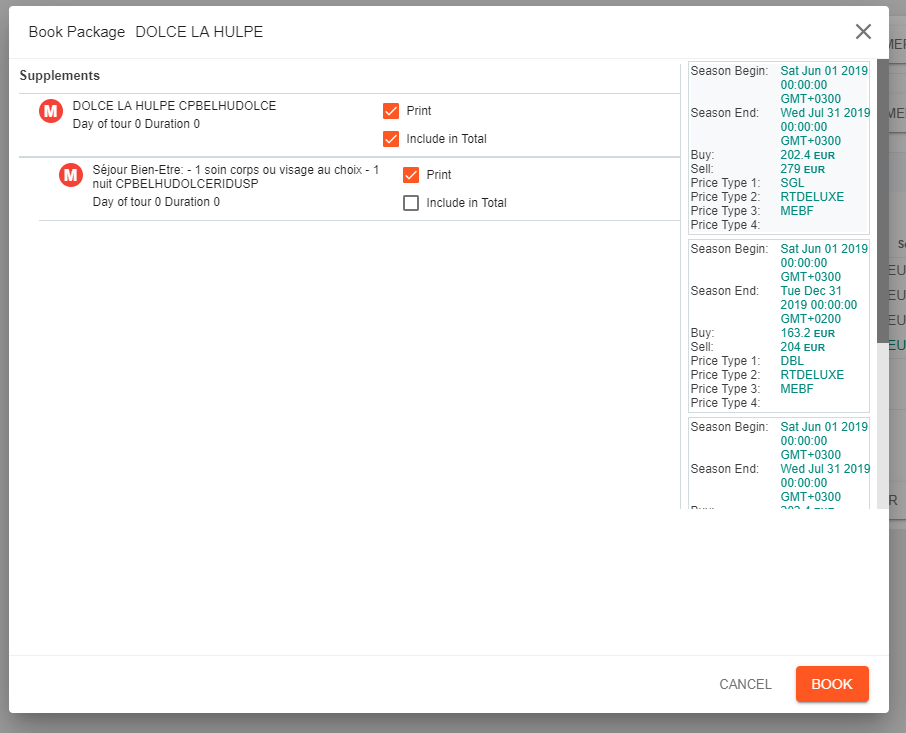 A screenshot showing a travel package and a booking selection 