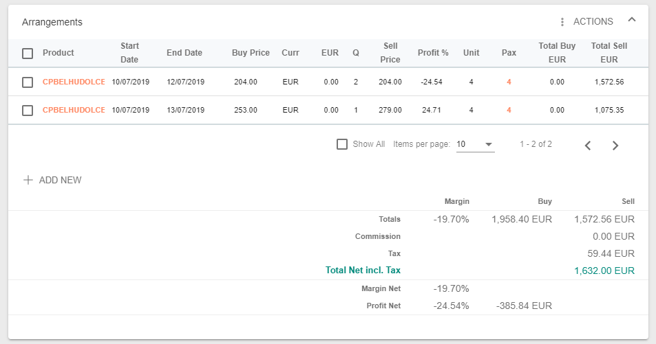 A screenshot of arrangements in a deal