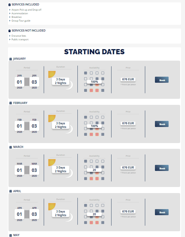 A screenshot of a website with some trip starting dates