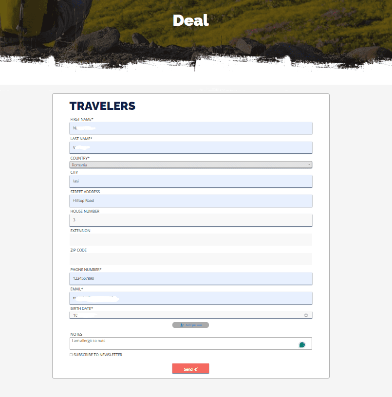 A screenshot of a website with a request trip form