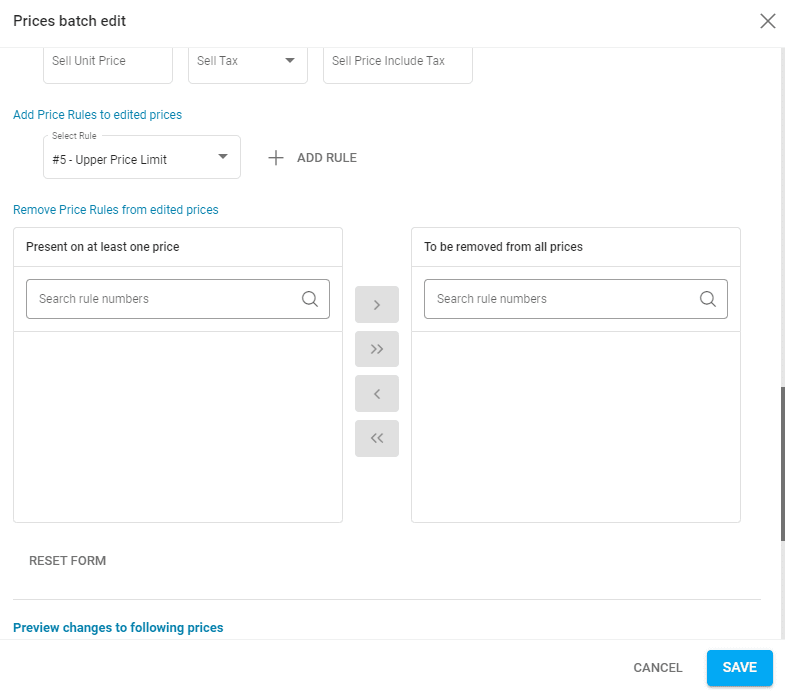 A screenshot showing the batch edit price window with the price rules section.