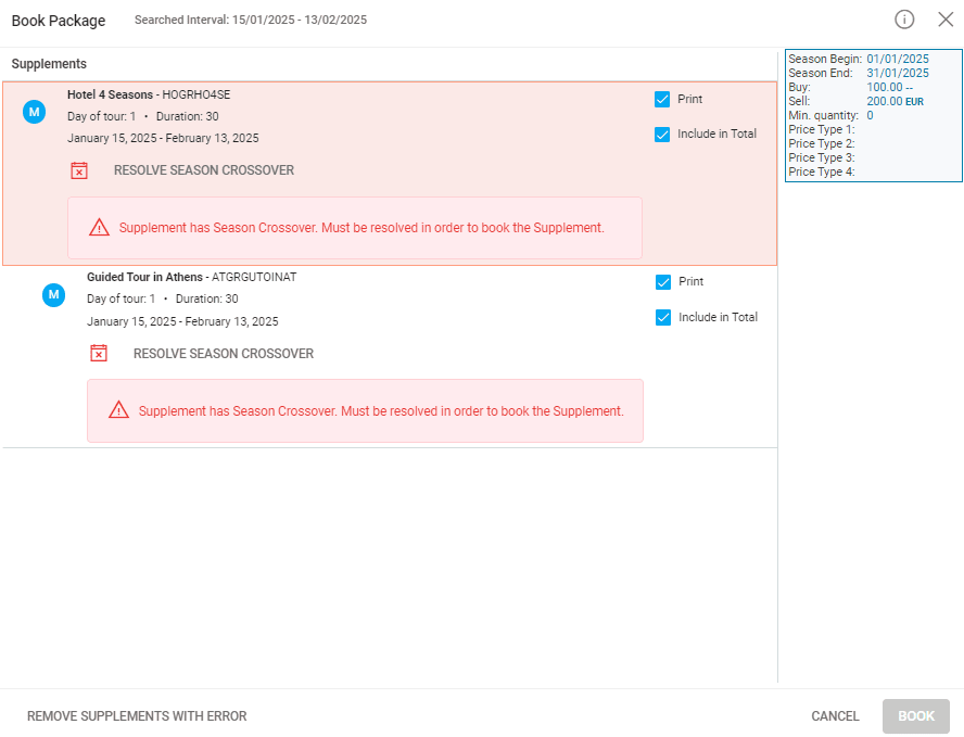 A screenshot showing the season crossover function in the package booking.