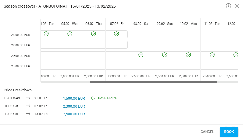 A screenshot showing the season crossover function when selecting the price in the package booking.