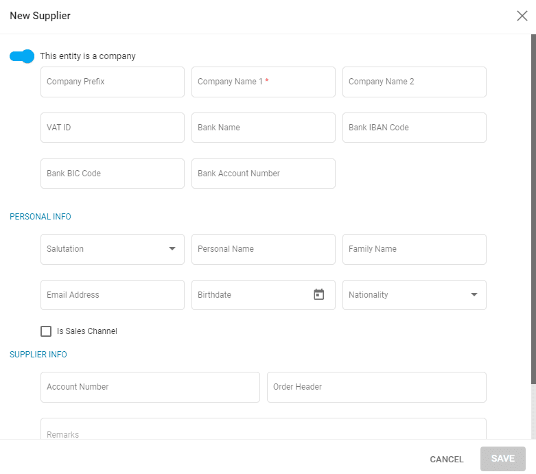 A screenshot showing the new supplier window in case they are a company