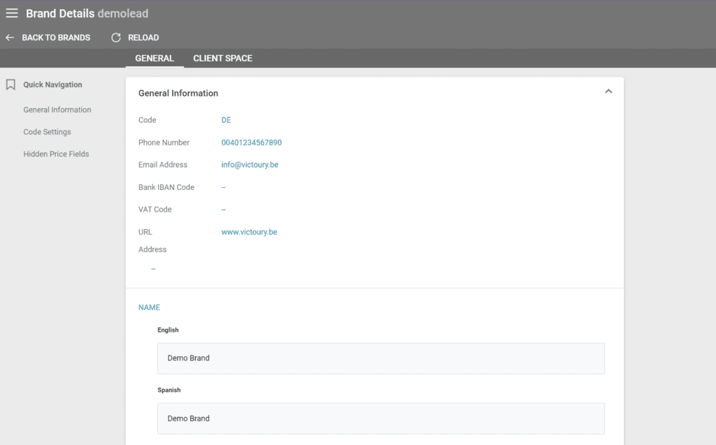 A screenshot showing the brand details in our tour operator software